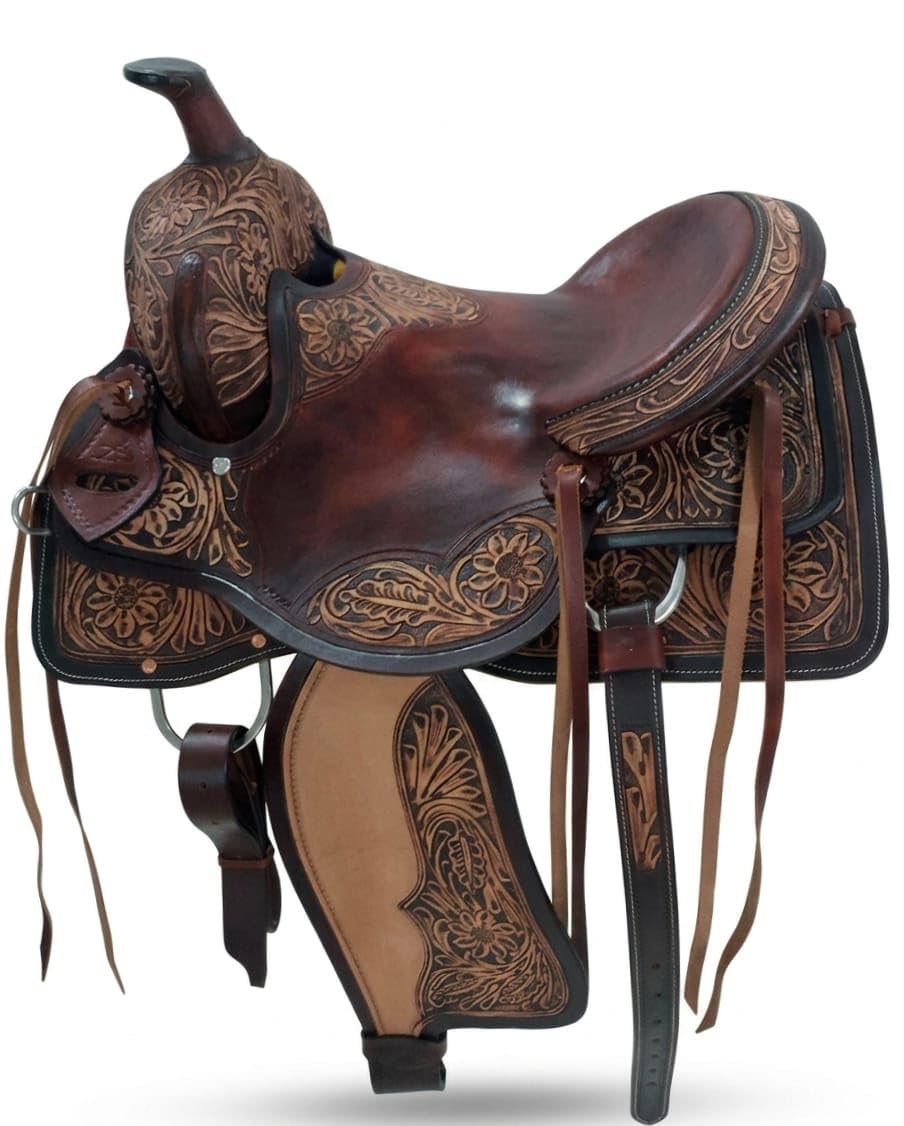 Hand Tooled Genuine Leather Western Horse Saddle with Tack Set 15-18 Inch N316654