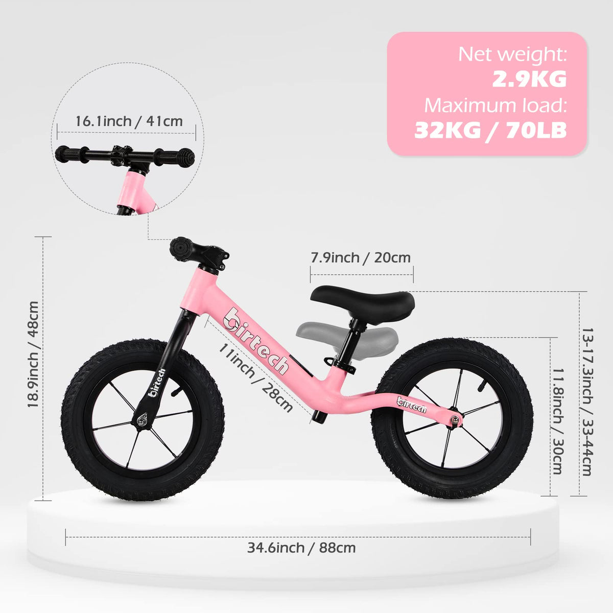 12" No Pedal Balance Bike with Inflatable Rubber Tires R678509