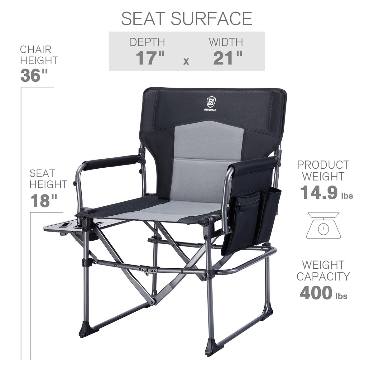 Portable Folding Camping Chair with Side Table, Black K557