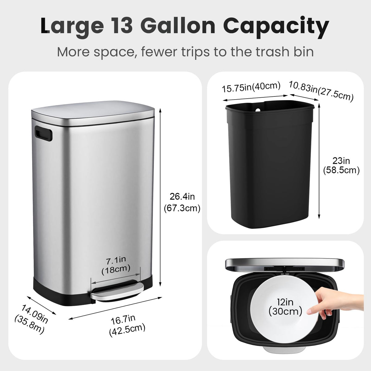 13.2 Gallon Stainless Steel Step Trash Can with Lid X1661