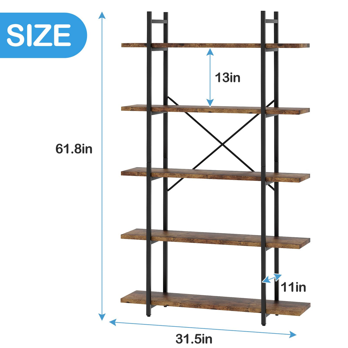 5 Tiers Rustic Brown and Metal Bookshelf C35680