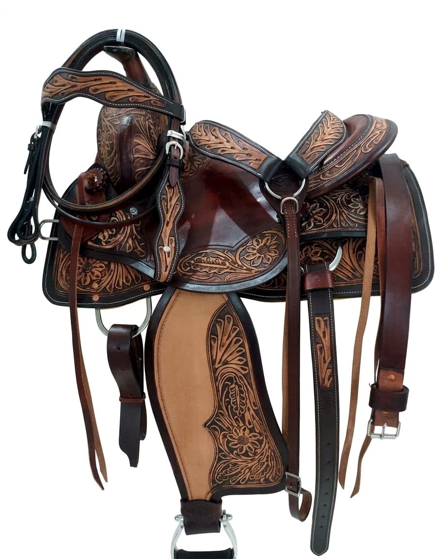 Hand Tooled Genuine Leather Western Horse Saddle with Tack Set 15-18 Inch N316654