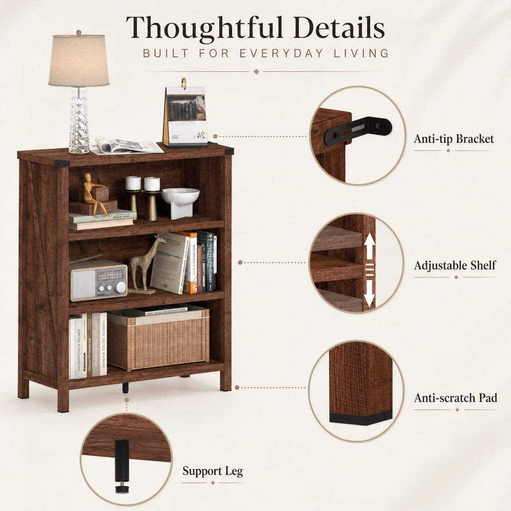 Rustic Oak 3 Shelf Wood Bookshelf N6849