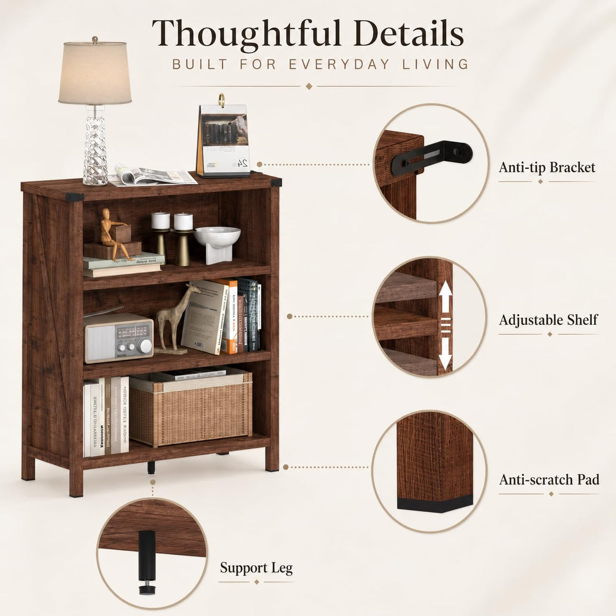 Rustic Oak 3 Shelf Wood Bookshelf N6849