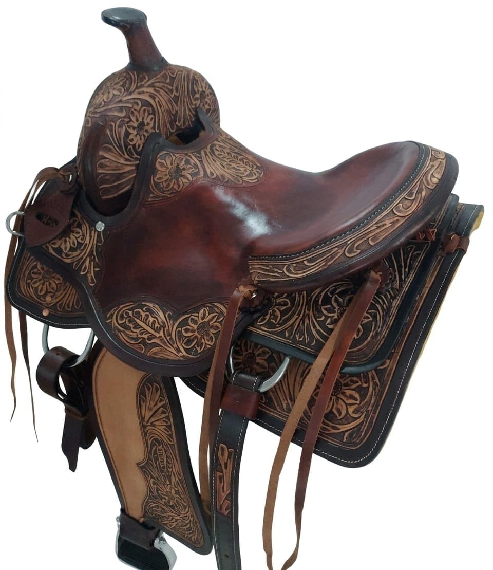Hand Tooled Genuine Leather Western Horse Saddle with Tack Set 15-18 Inch N316654