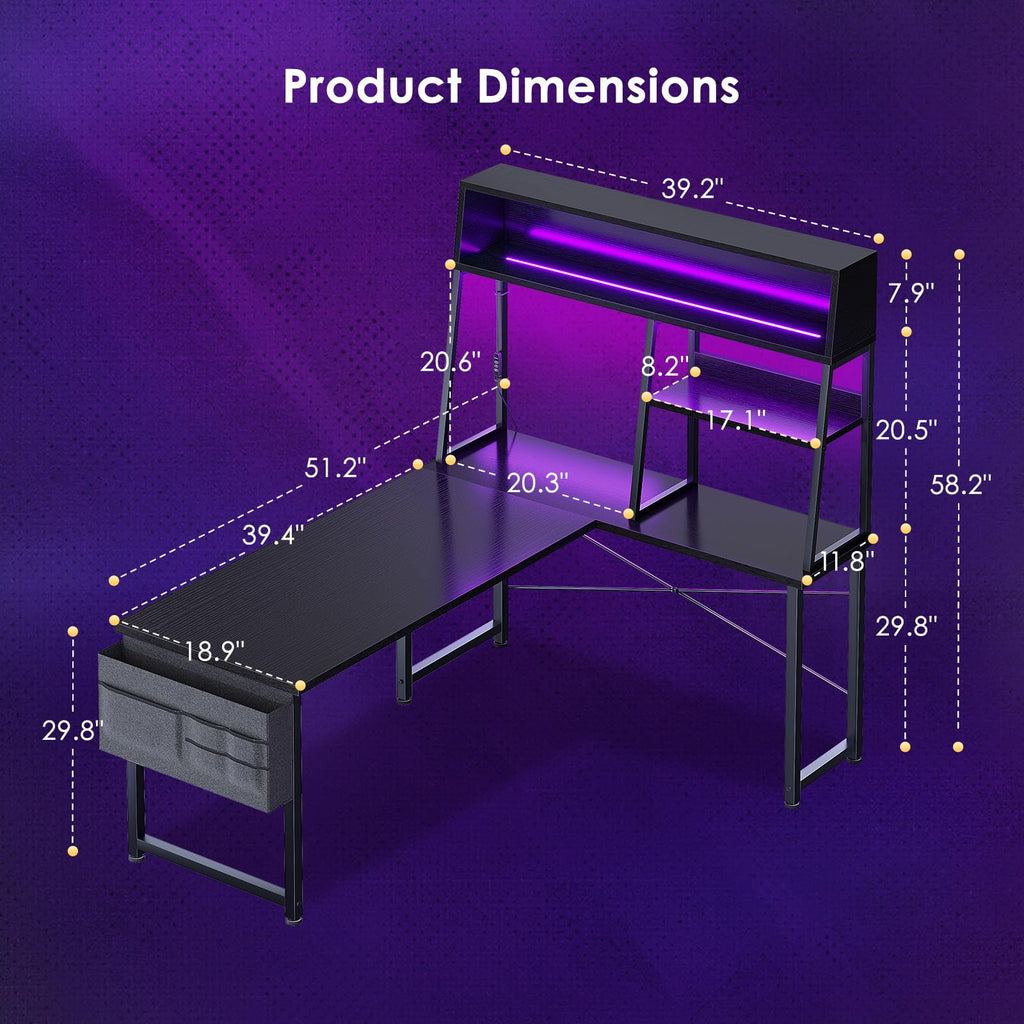 51 Inch L Shaped Gaming Desk with Display Shelves I6740