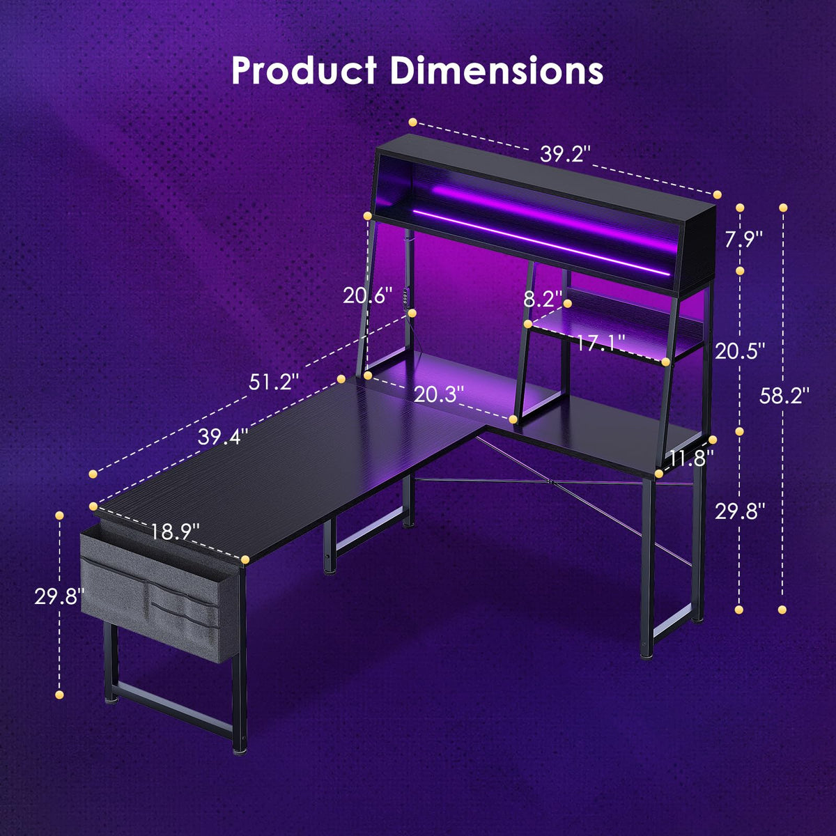 51 Inch L Shaped Gaming Desk with Display Shelves I6740