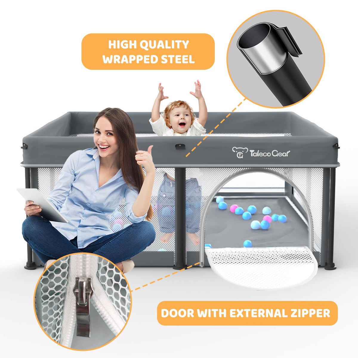 Foldable Baby Play Pen with Mat and Gate L7824
