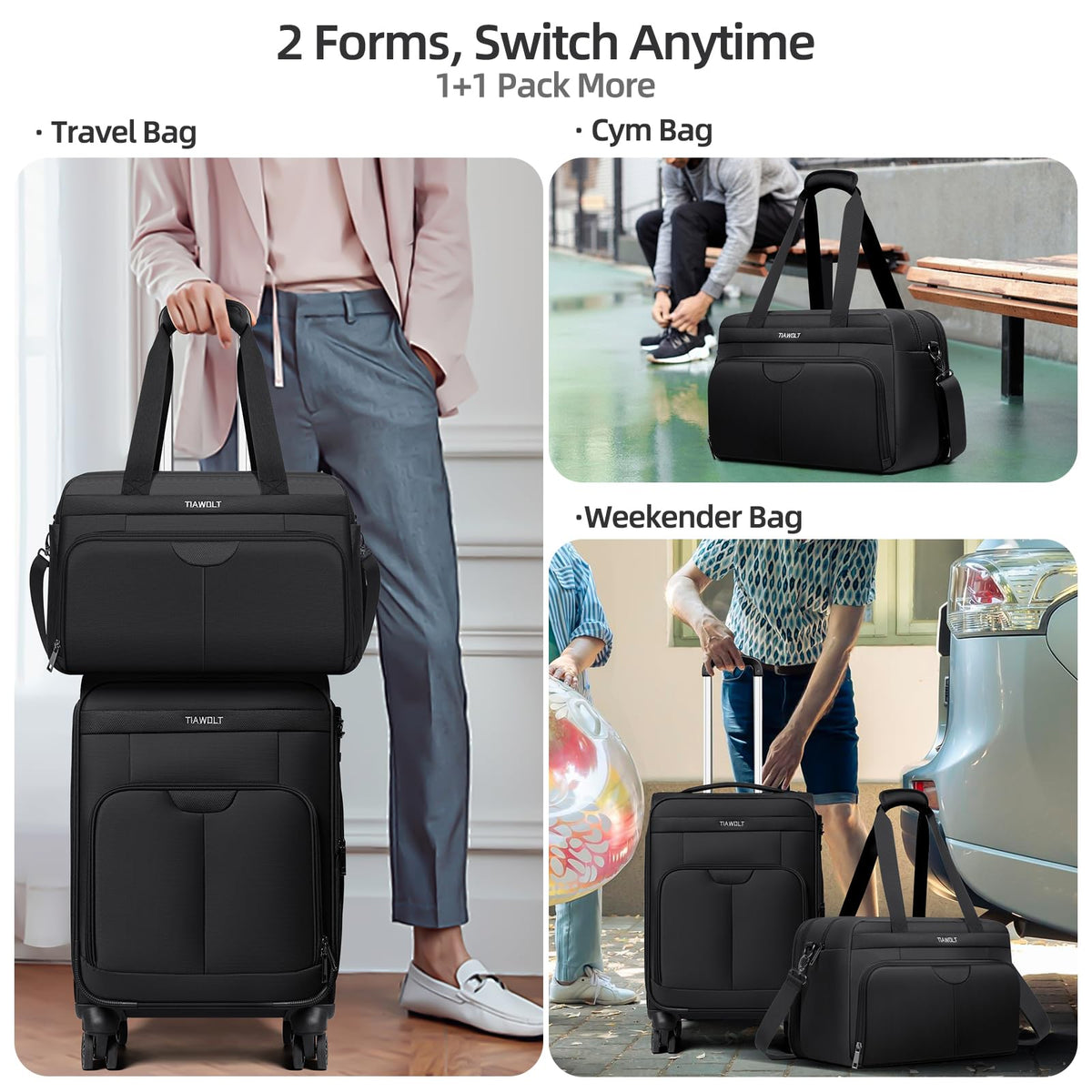 Black Expandable Carry-On Luggage Duffel Bag with Adjustable Strap G9199