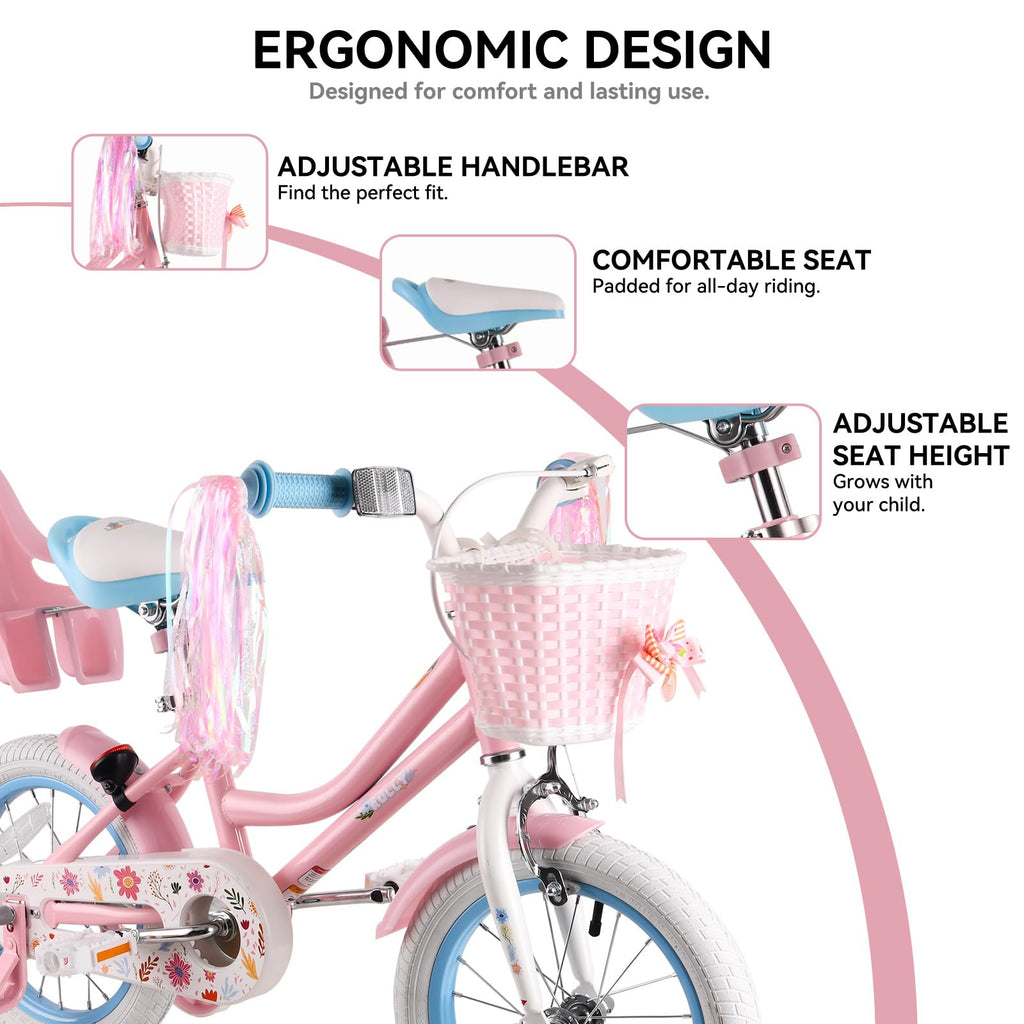 12 14 16 Inch Girls Bike with Training Wheels, Basket & Doll Seat U78609