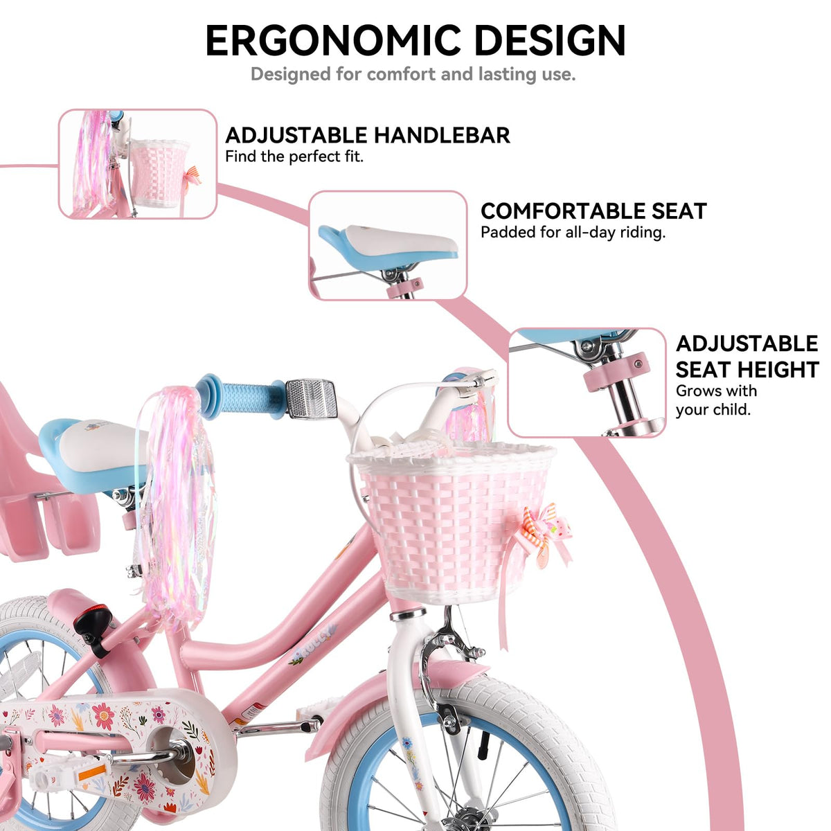 12 14 16 Inch Girls Bike with Training Wheels, Basket & Doll Seat U78609