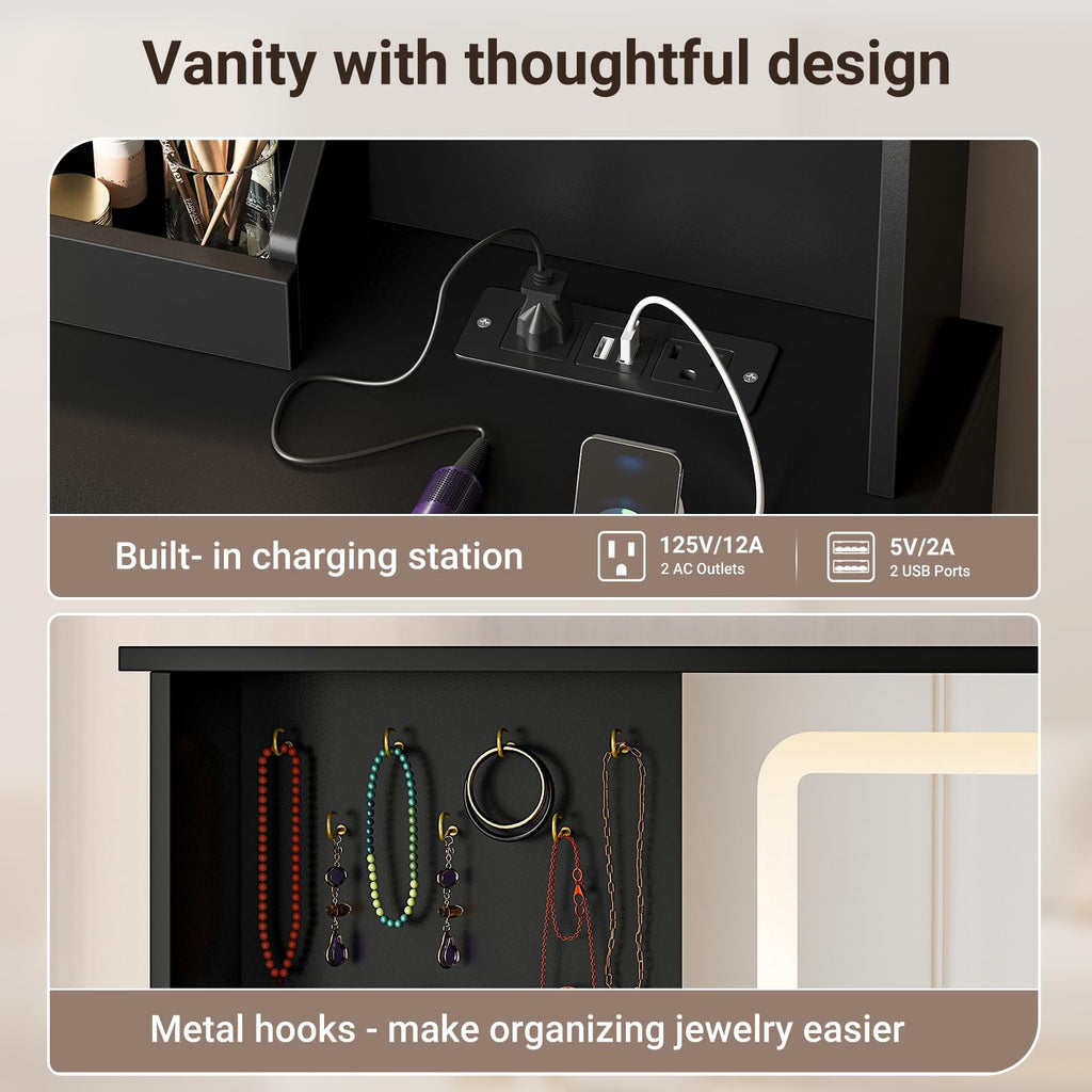 Black Makeup Vanity Desk with Mirror and Lights G52607