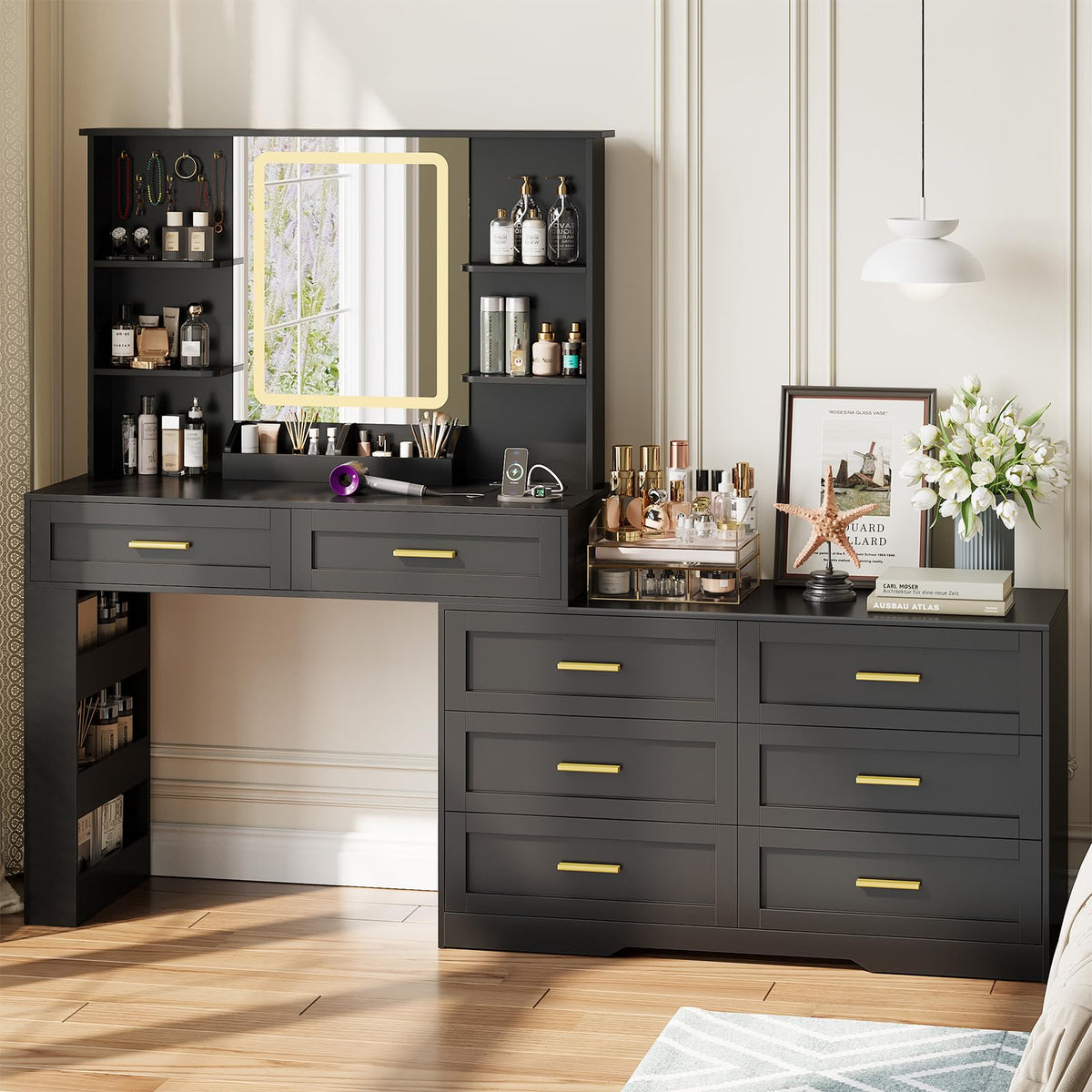 Black Makeup Vanity Desk with Mirror and Lights G52607