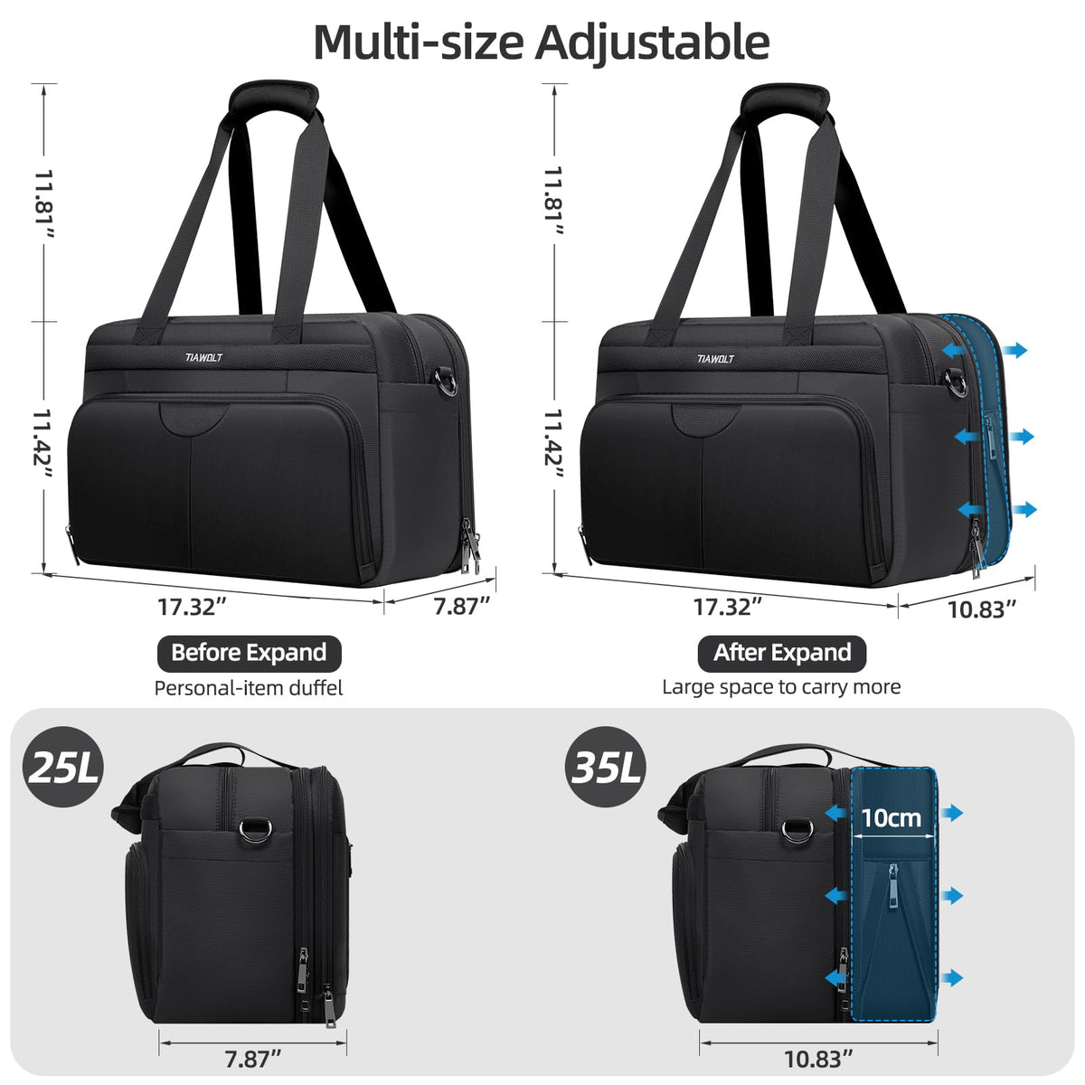Black Expandable Carry-On Luggage Duffel Bag with Adjustable Strap G9199