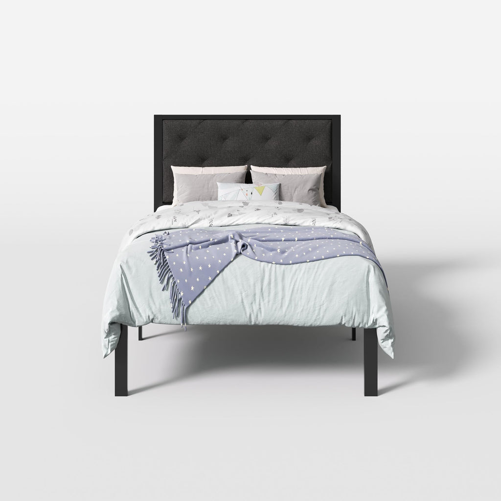 Twin Size Metal Bed Frame with Linen Tufted Headboard H8625