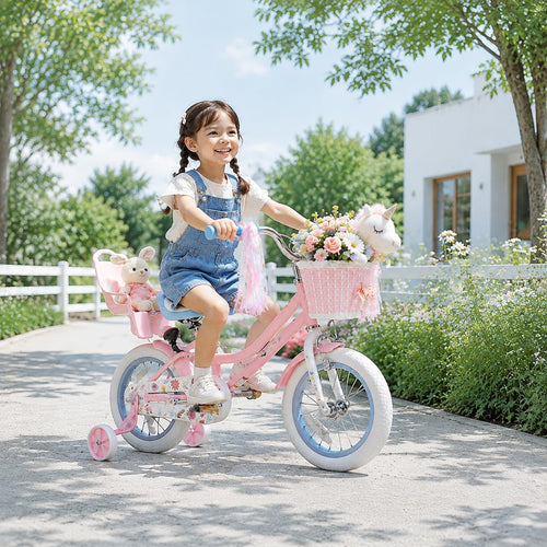 12 14 16 Inch Girls Bike with Training Wheels, Basket & Doll Seat U78609