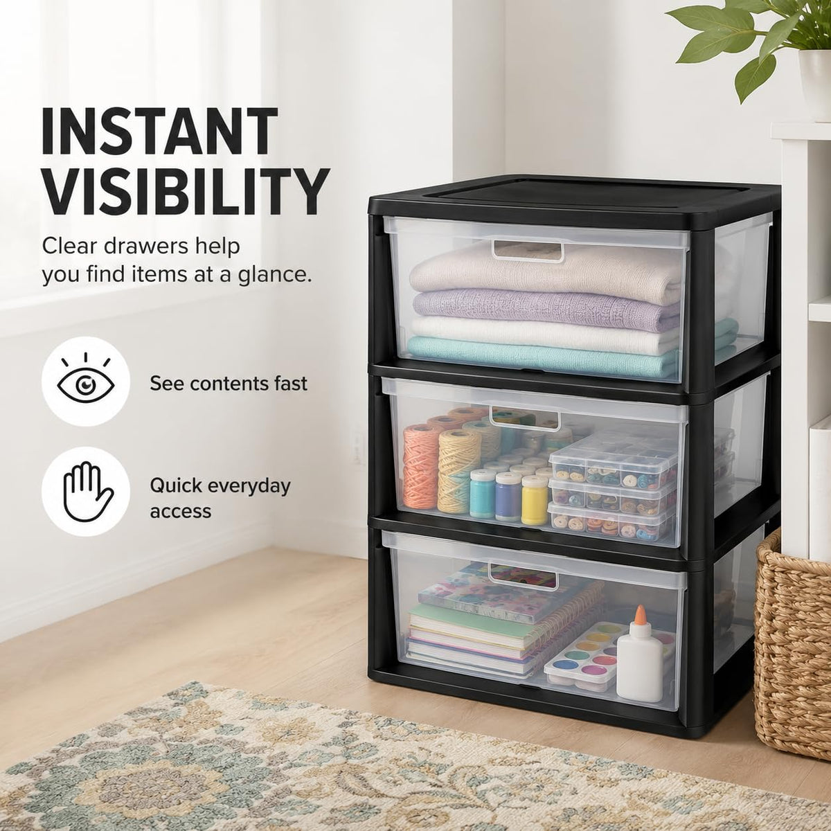 3 Drawer Storage Tower with Clear Bins F72946