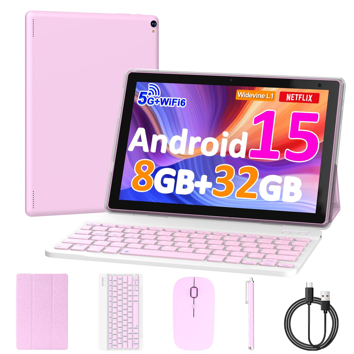 10 inch Android 15 Tablet 8GB RAM 32GB ROM Tablet PC with Keyboard Case Mouse Stylus J2125