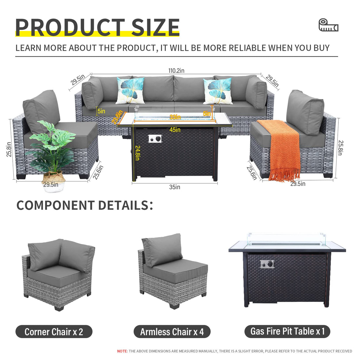 7 Pieces Wicker Patio Furniture Set with Fire Pit Table Y104