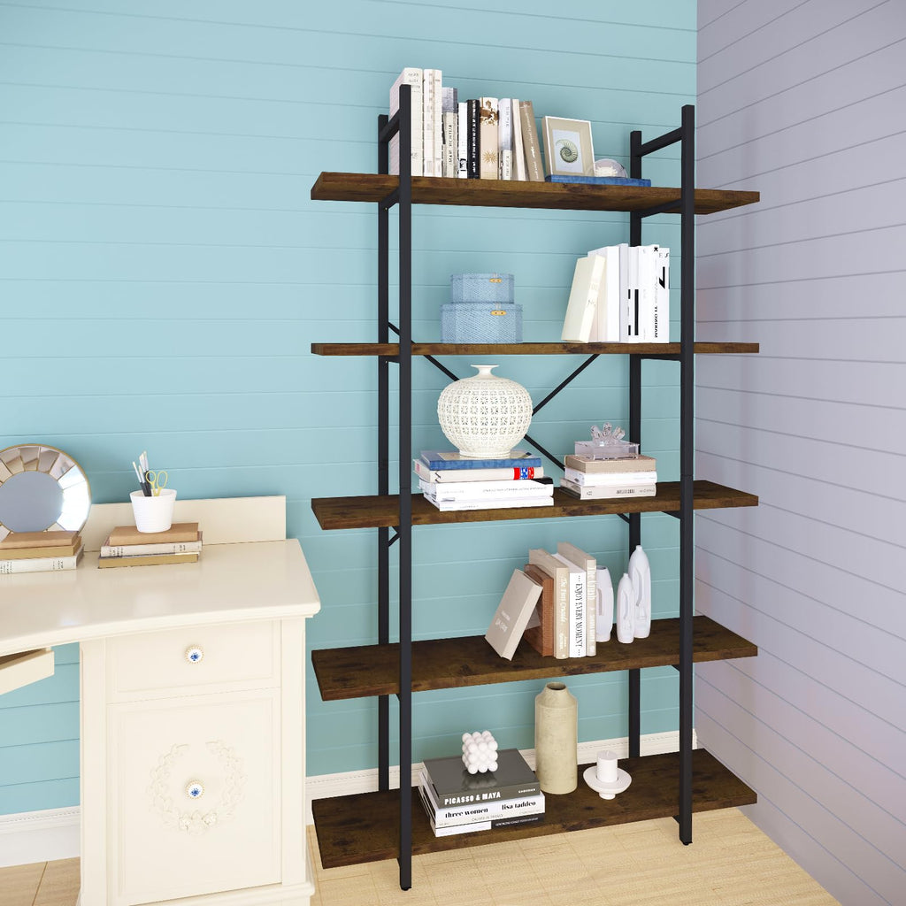 5 Tiers Rustic Brown and Metal Bookshelf C35680