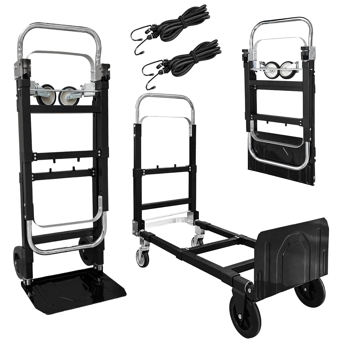 3 in 1 Folding Hand Truck, 600Lbs Capacity Collapsible Cart with Retractable Handle and 4 Rubber Wheels M981