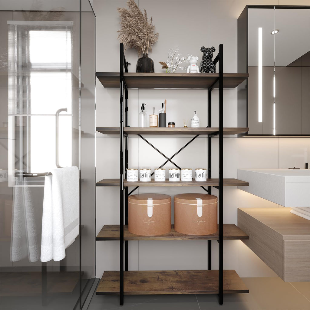 5 Tiers Rustic Brown and Metal Bookshelf C35680