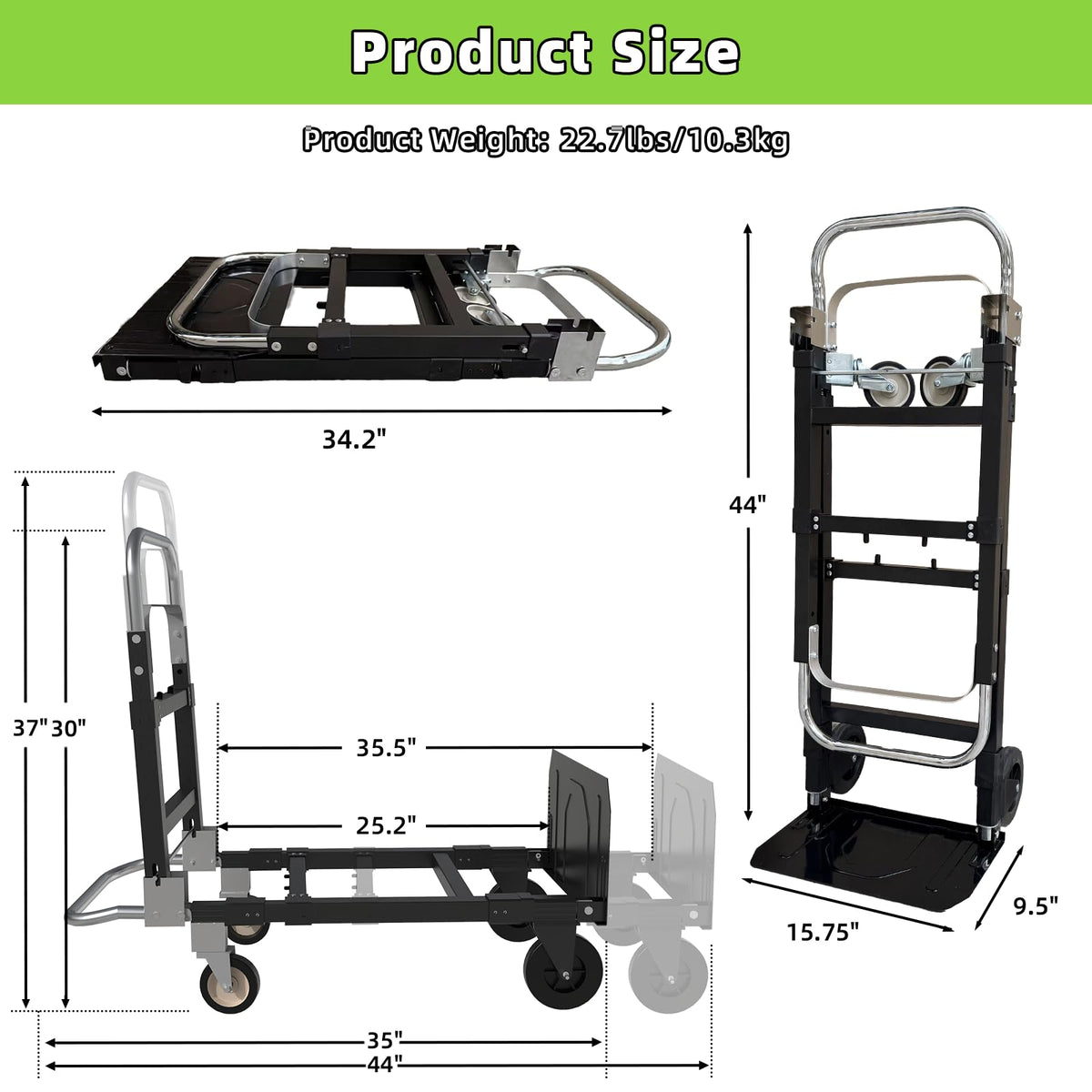 3 in 1 Folding Hand Truck, 600Lbs Capacity Collapsible Cart with Retractable Handle and 4 Rubber Wheels M981
