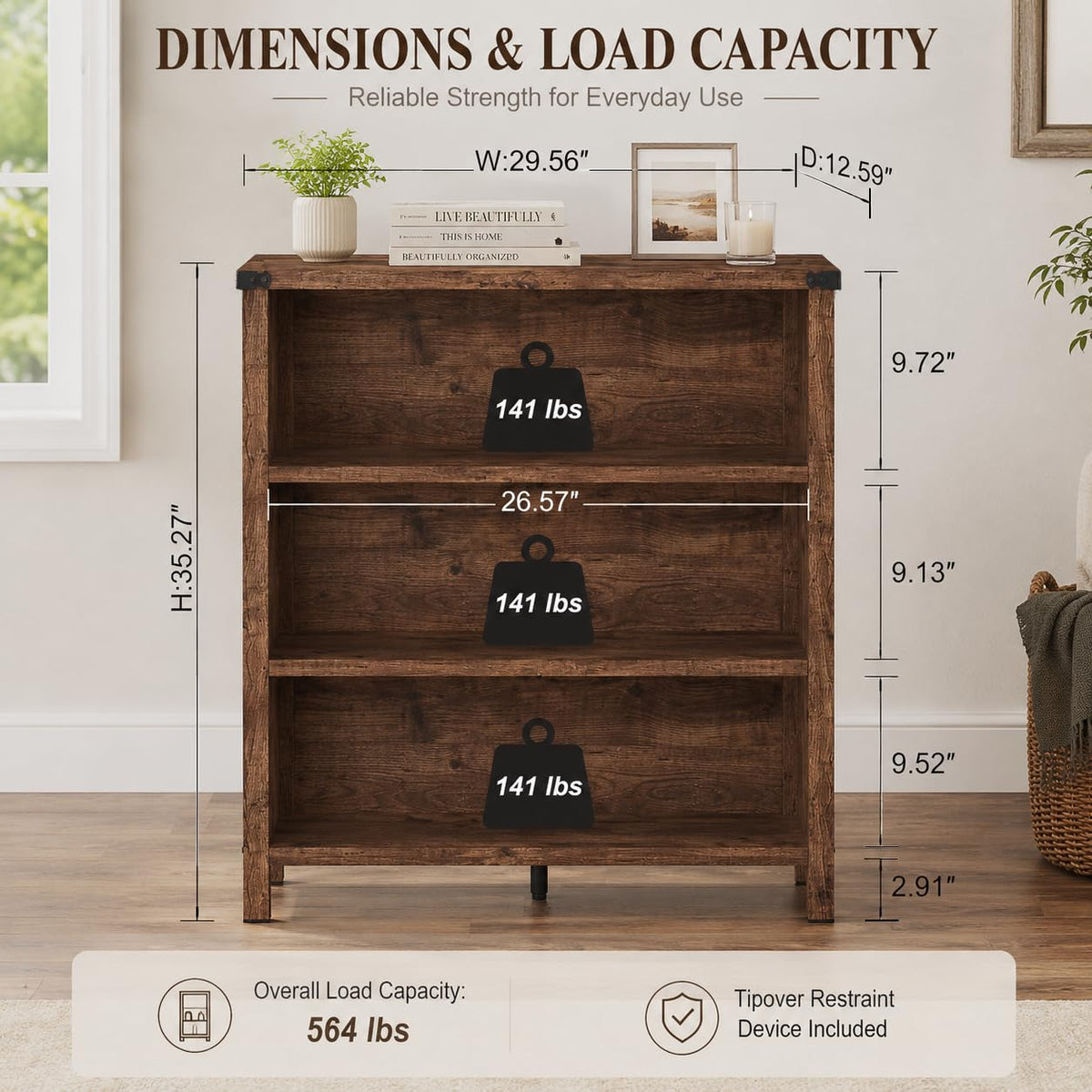 Rustic Oak 3 Shelf Wood Bookshelf N6849