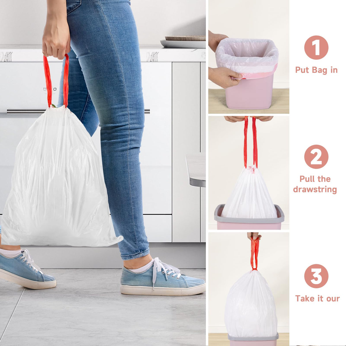 2 Gallon White Drawstring Trash Bags 60 Count G917406