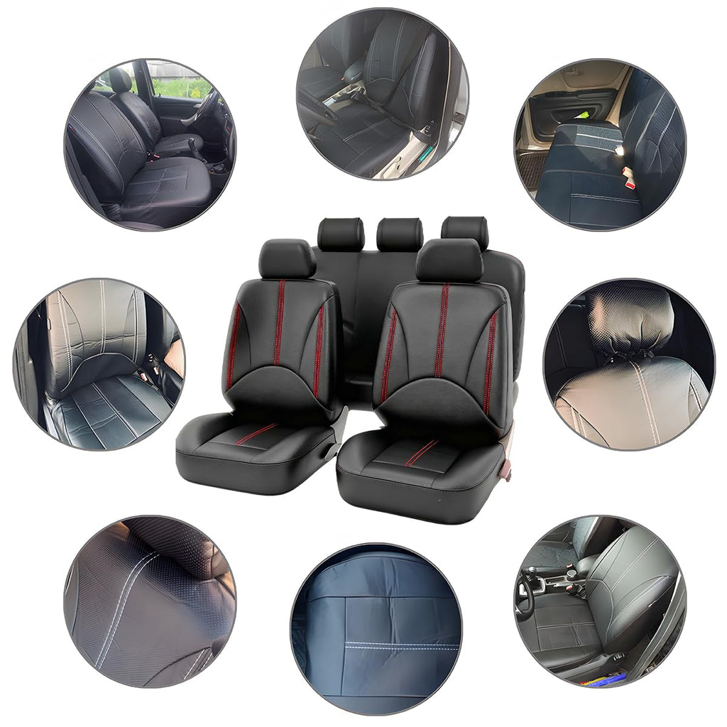 Black Red Leather Car Seat Cover Full Set E46944