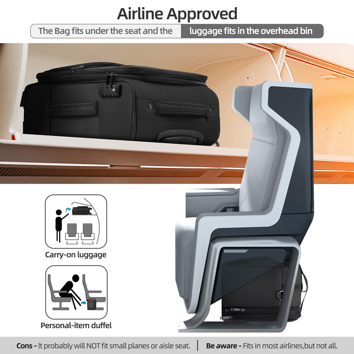 Black Expandable Carry-On Luggage Duffel Bag with Adjustable Strap G9199