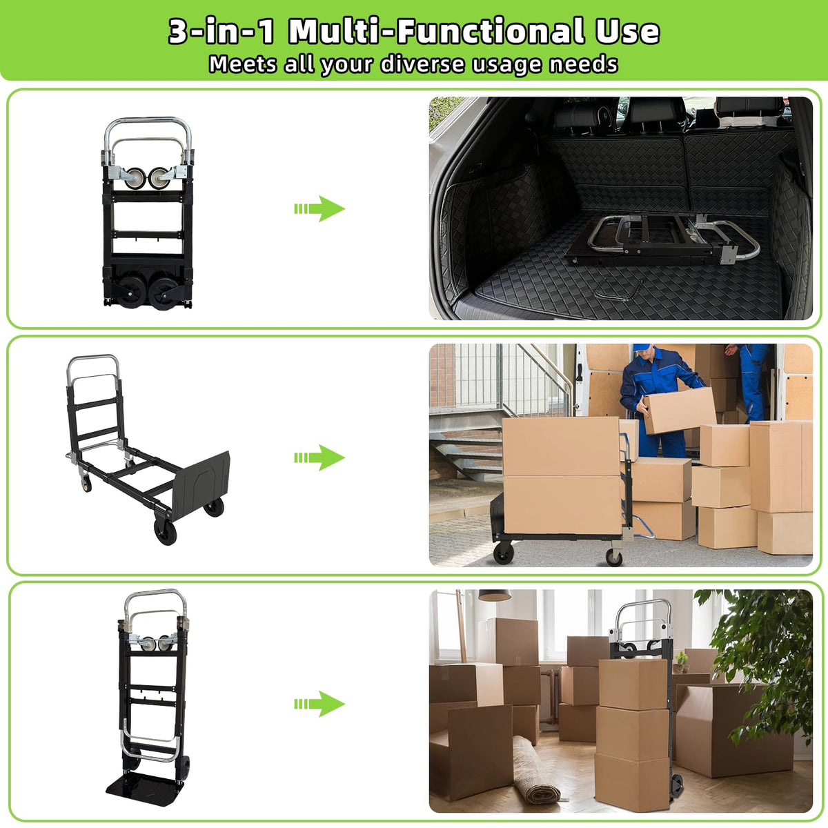 3 in 1 Folding Hand Truck, 600Lbs Capacity Collapsible Cart with Retractable Handle and 4 Rubber Wheels M981