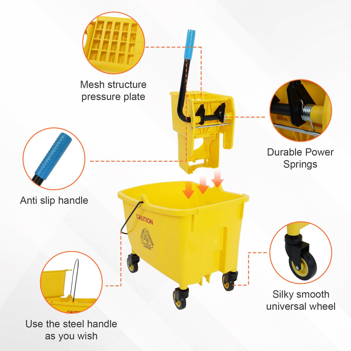 35 Qt Yellow Mop Bucket with Wringer on Wheels Z3748