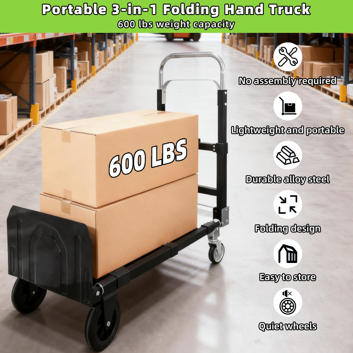 3 in 1 Folding Hand Truck, 600Lbs Capacity Collapsible Cart with Retractable Handle and 4 Rubber Wheels M981