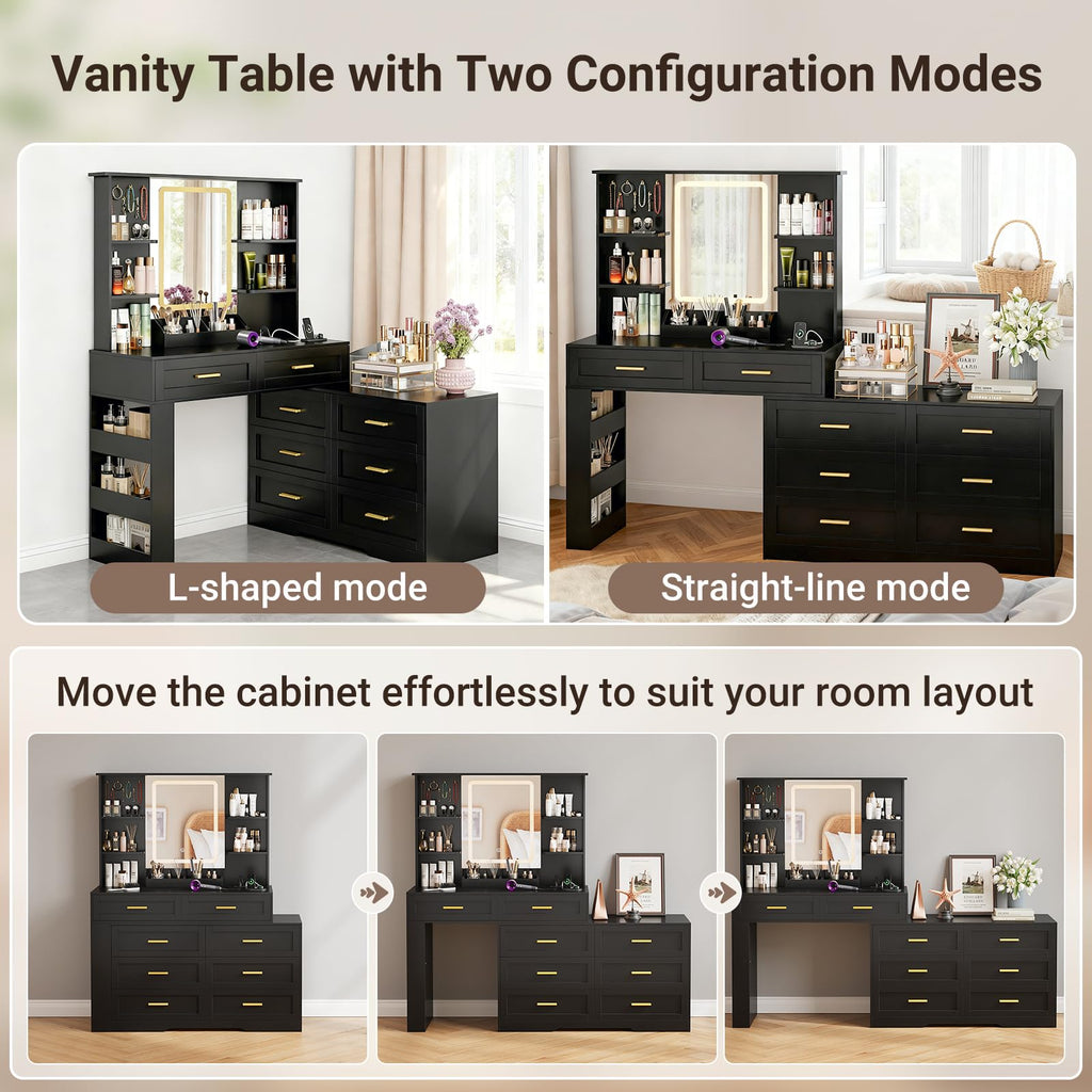 Black Makeup Vanity Desk with Mirror and Lights G52607