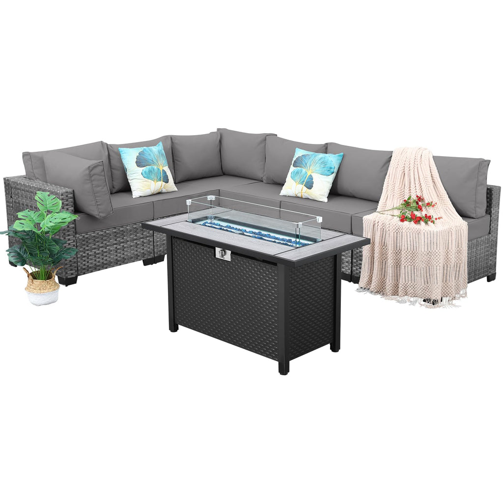 7 Pieces Wicker Patio Furniture Set with Fire Pit Table Y104