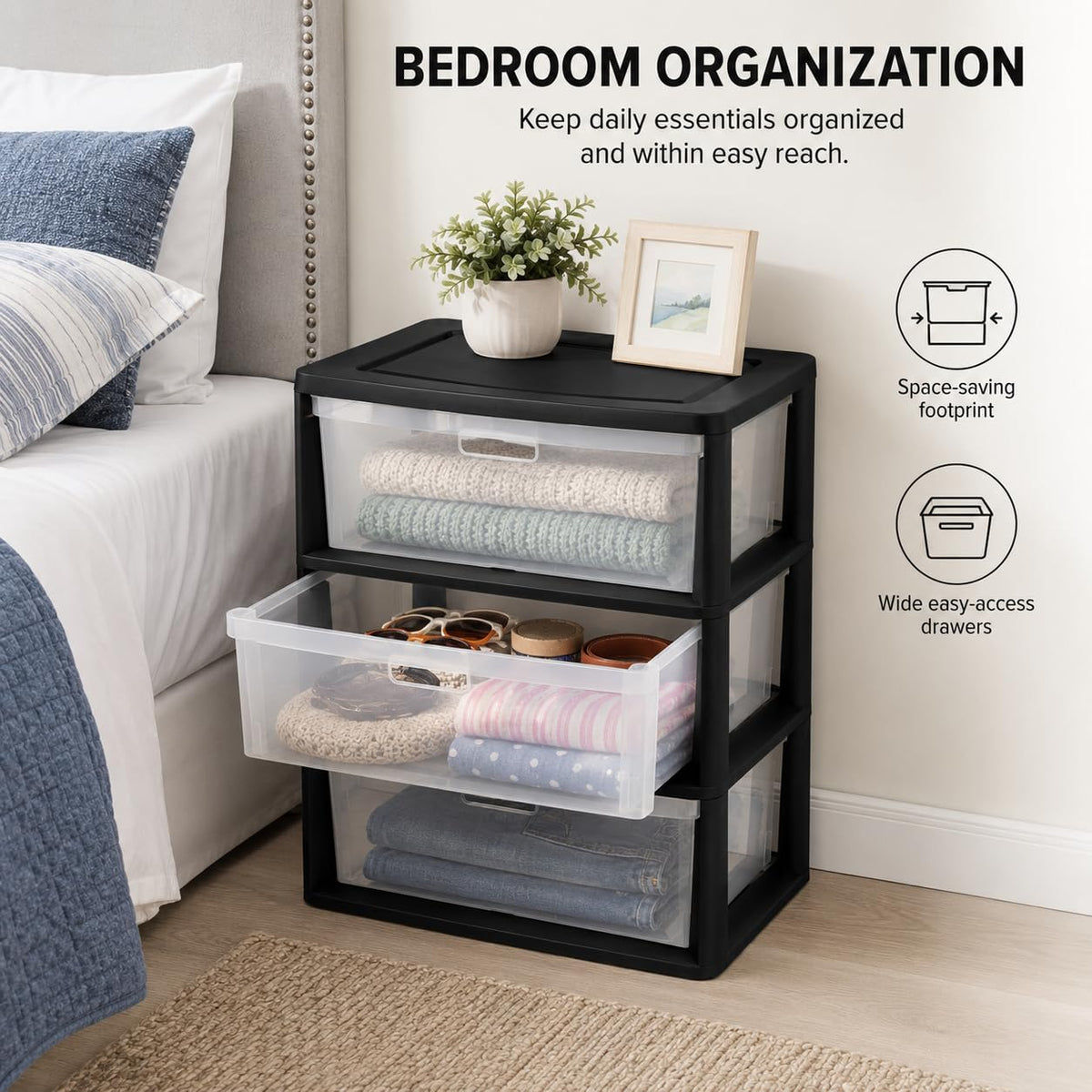 3 Drawer Storage Tower with Clear Bins F72946