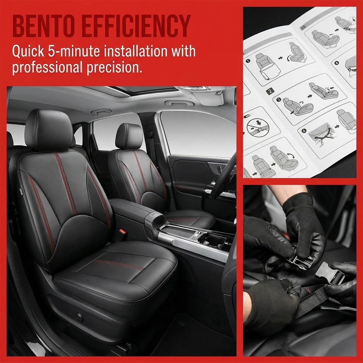 Black Red Leather Car Seat Cover Full Set E46944