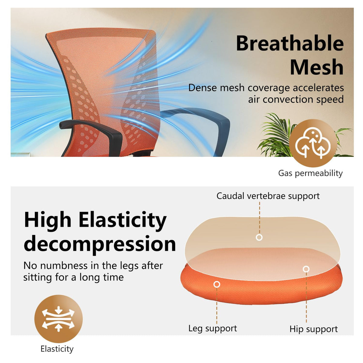 Orange Mesh Ergonomic Office Chair with Lumbar Support and Armrest R147