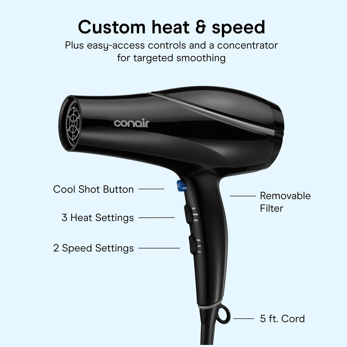 Black Ceramic Hair Dryer with Concentrator Attachment T701