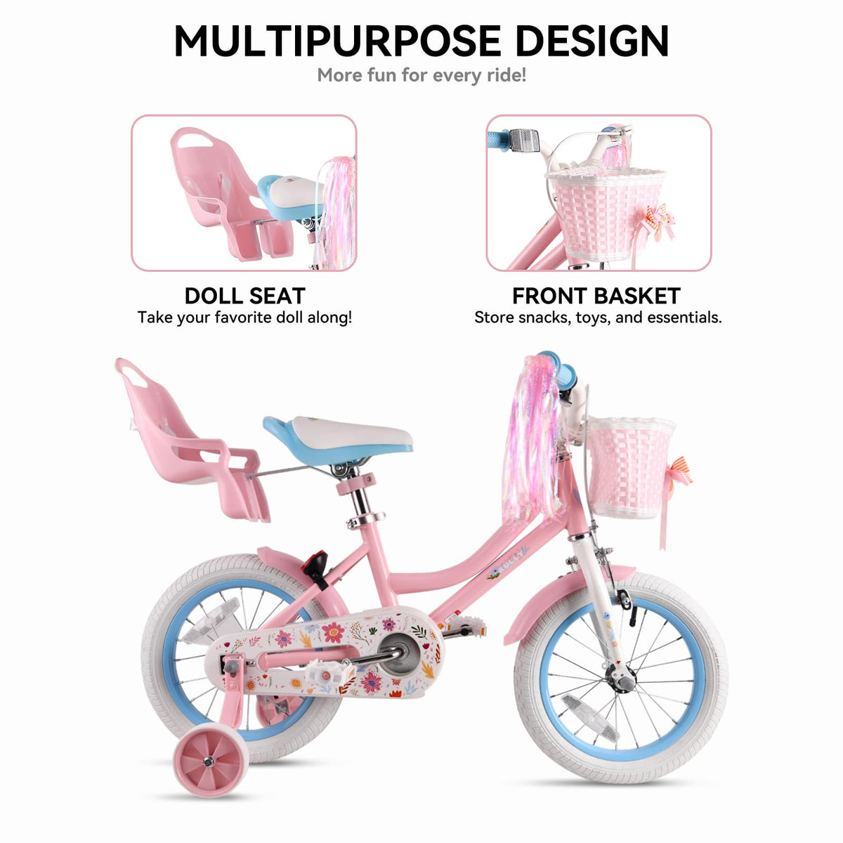 12 14 16 Inch Girls Bike with Training Wheels, Basket & Doll Seat U78609