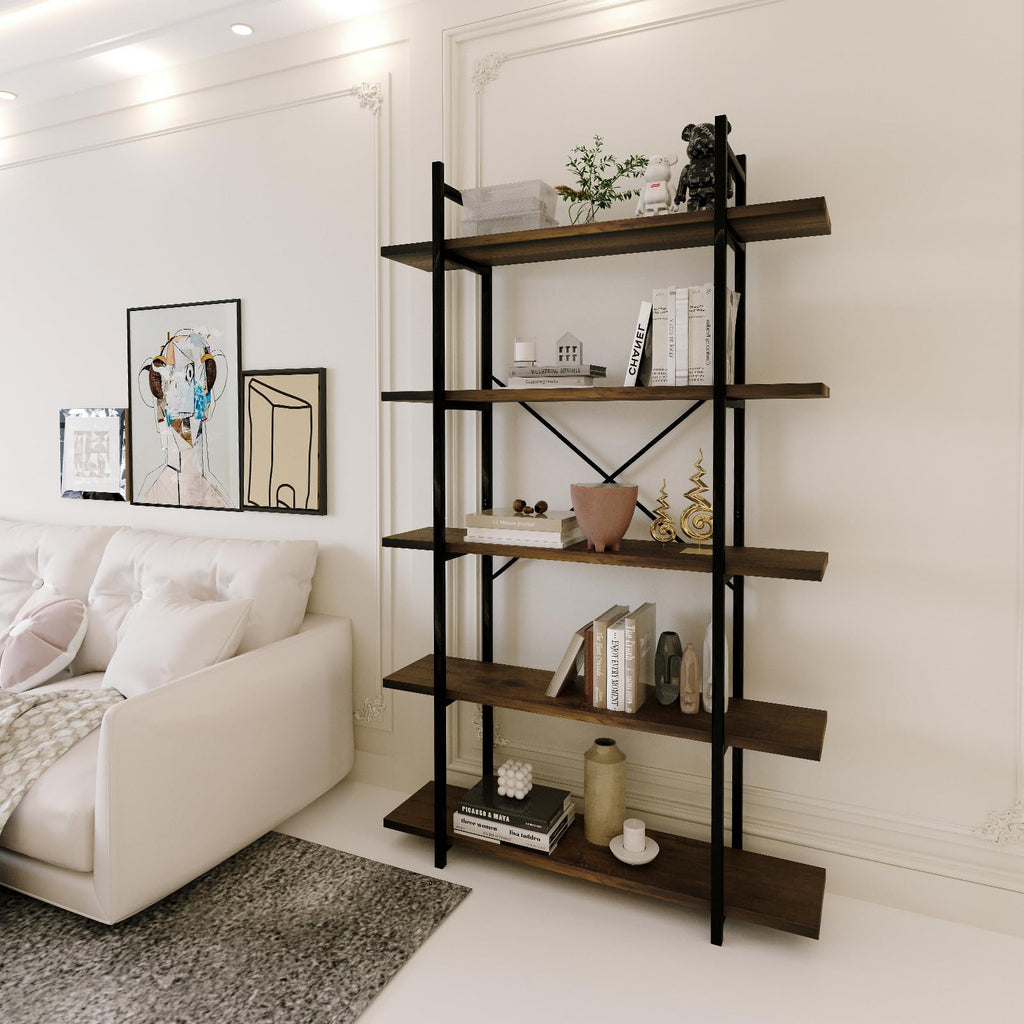 5 Tiers Rustic Brown and Metal Bookshelf C35680