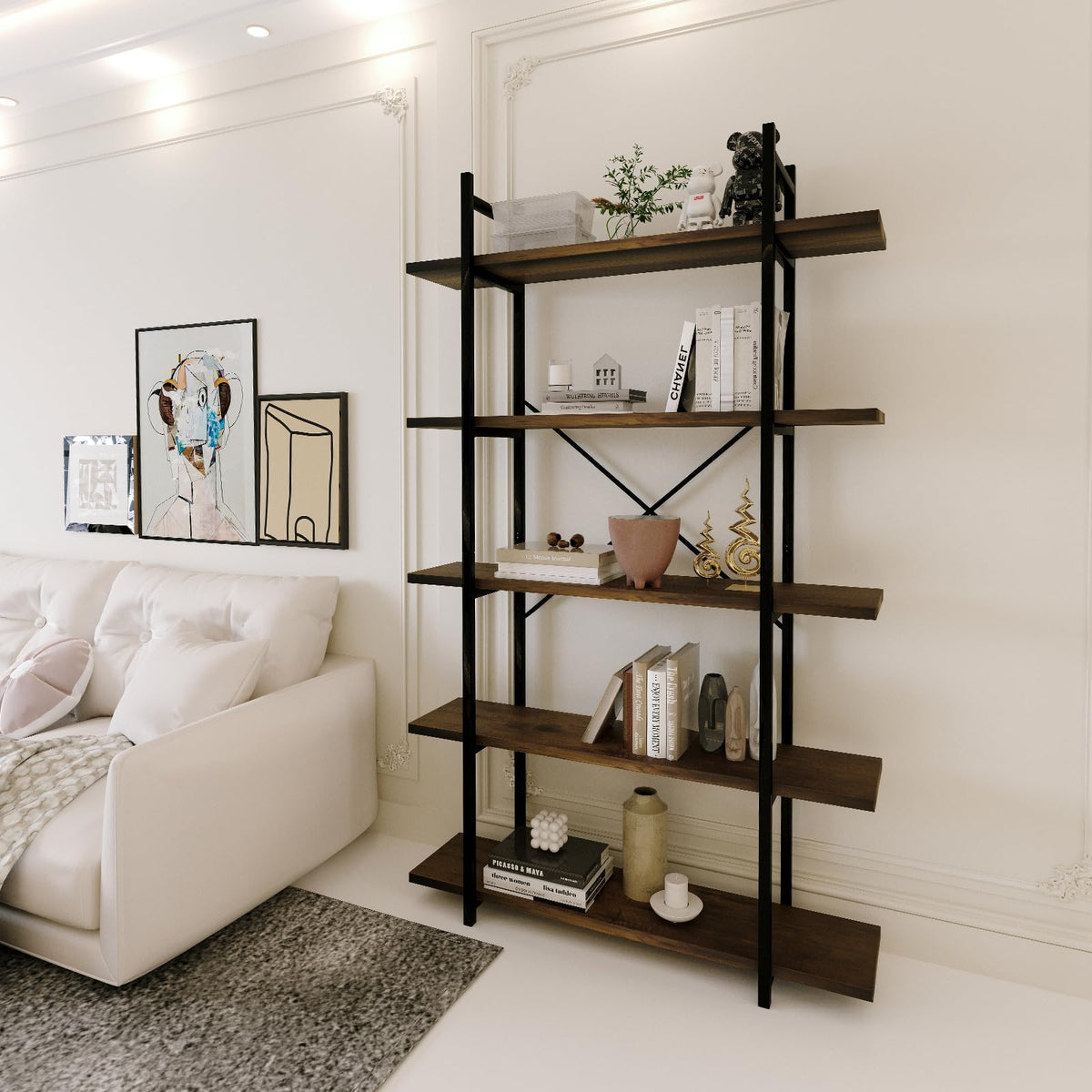 5 Tiers Rustic Brown and Metal Bookshelf C35680