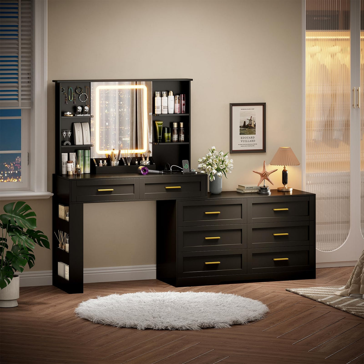 Black Makeup Vanity Desk with Mirror and Lights G52607