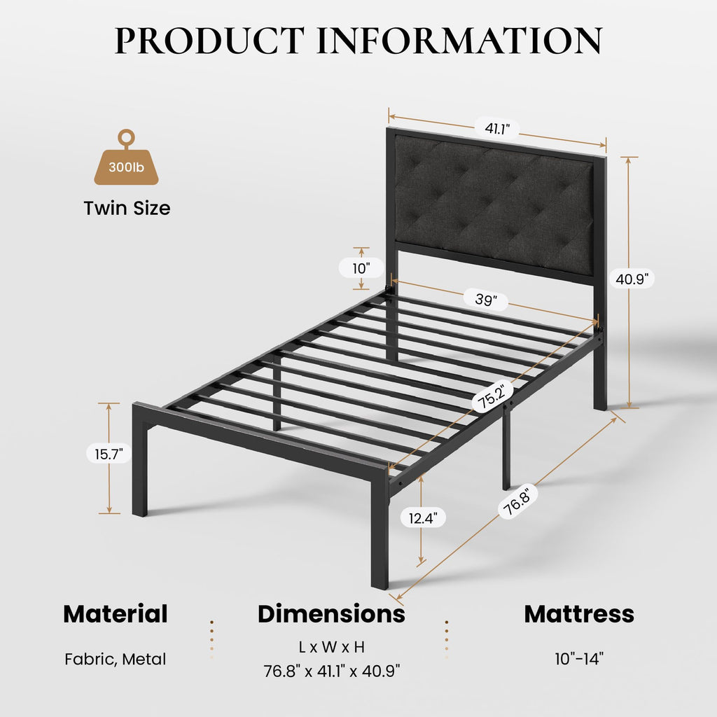 Twin Size Metal Bed Frame with Linen Tufted Headboard H8625