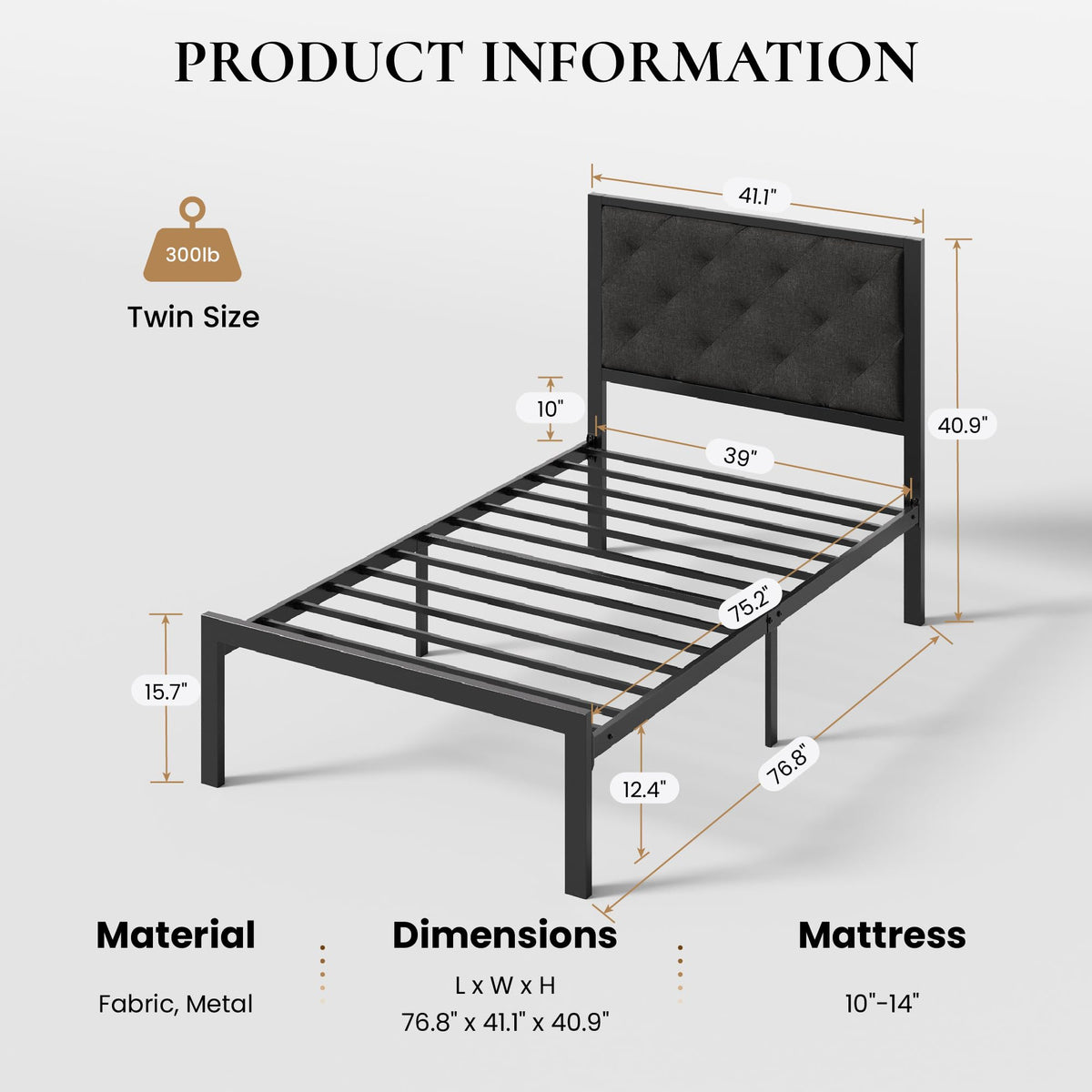 Twin Size Metal Bed Frame with Linen Tufted Headboard H8625