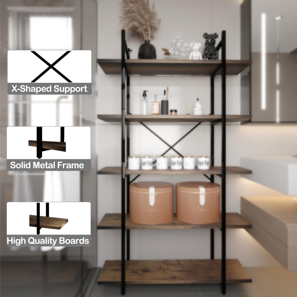 5 Tiers Rustic Brown and Metal Bookshelf C35680