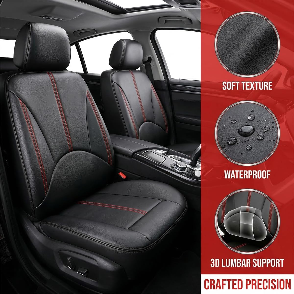 Black Red Leather Car Seat Cover Full Set E46944