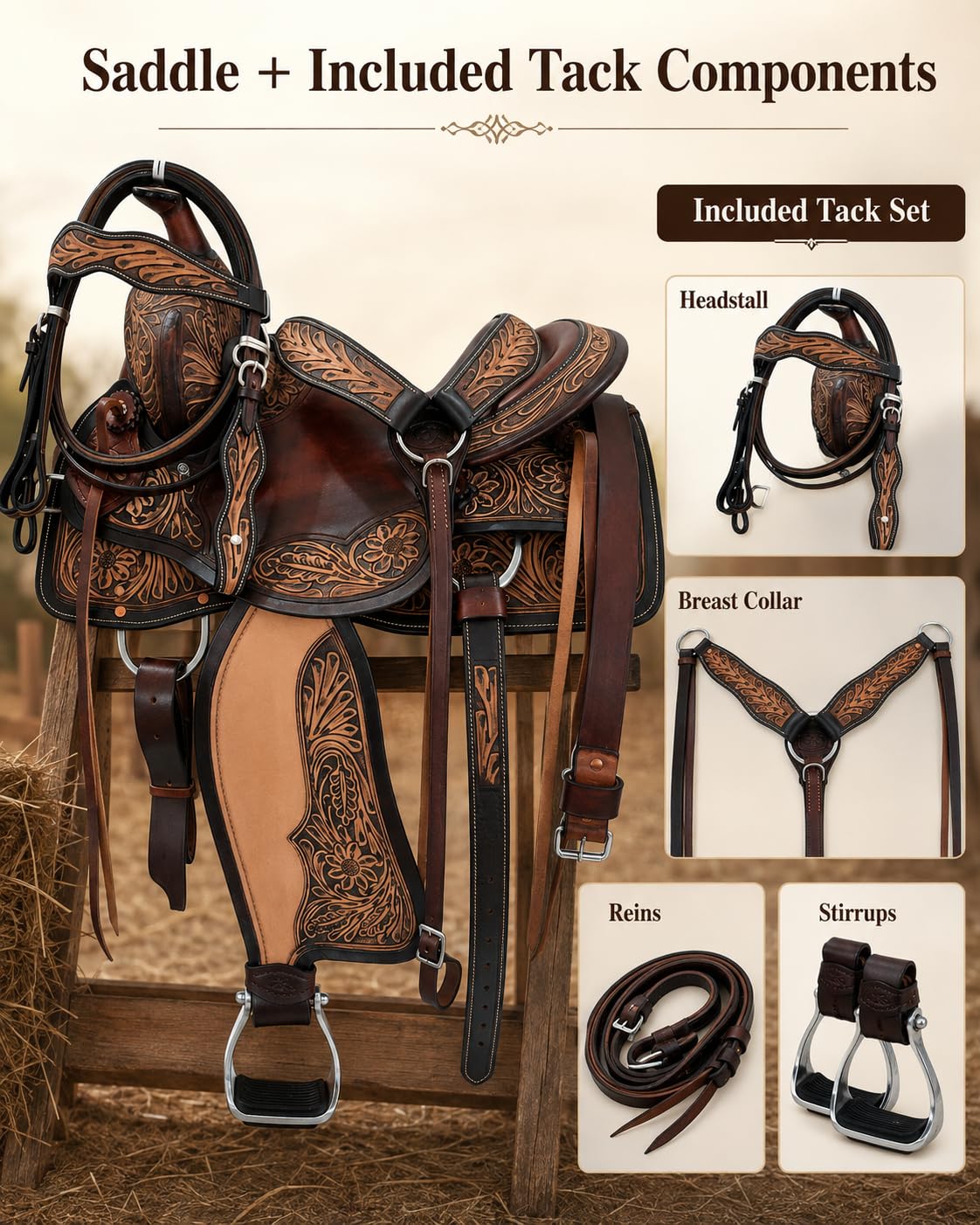 Hand Tooled Genuine Leather Western Horse Saddle with Tack Set 15-18 Inch N316654