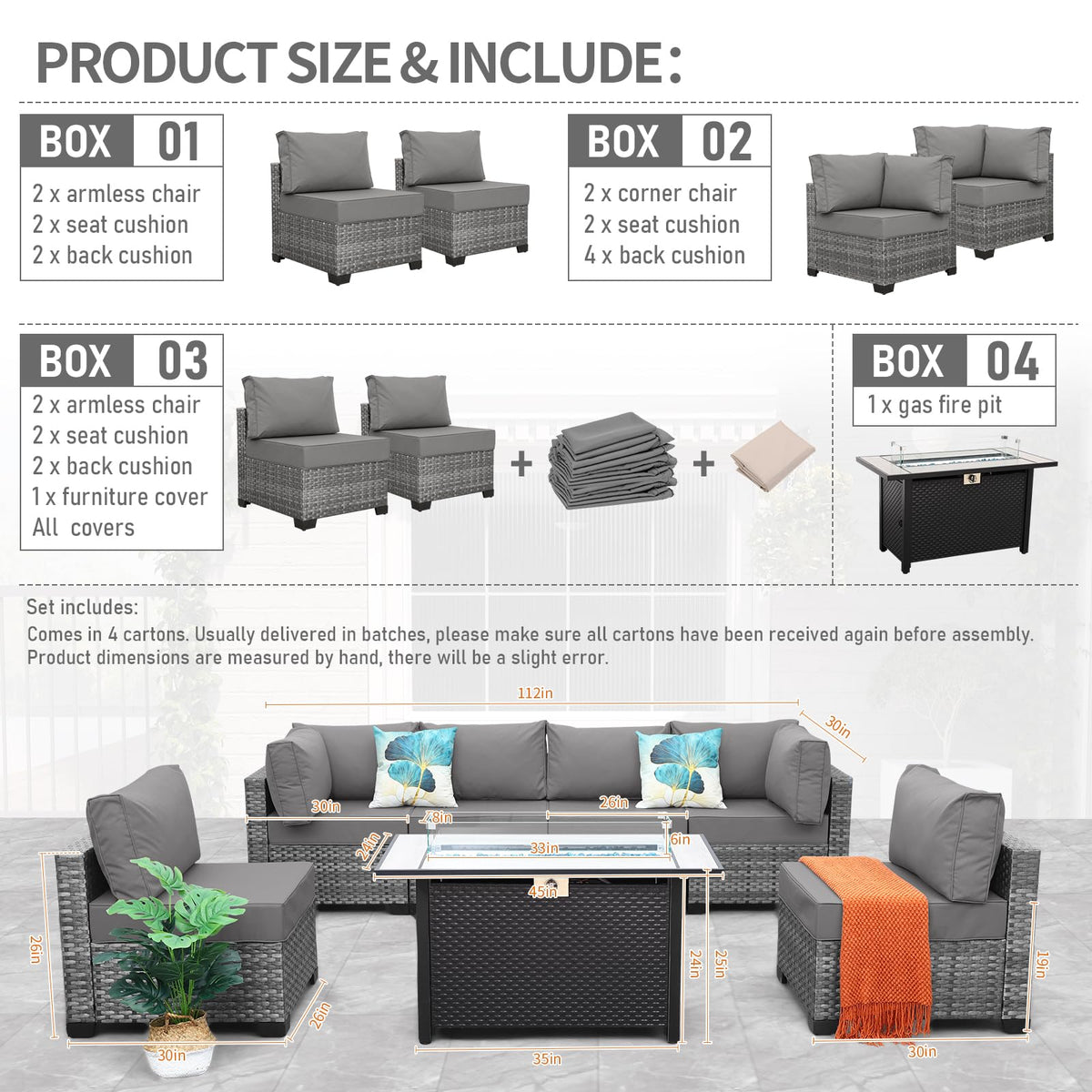 7 Pieces Wicker Patio Furniture Set with Fire Pit Table Y104